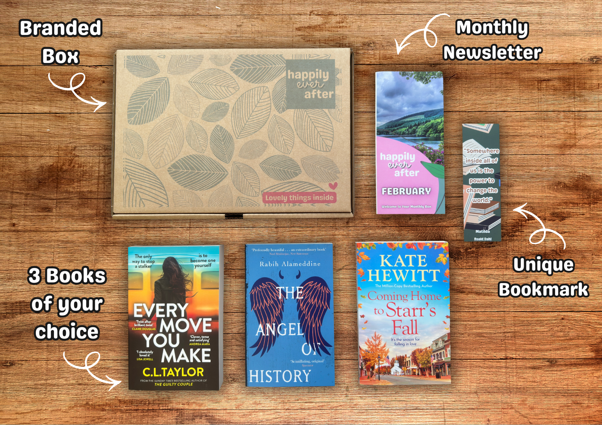 Box of Books with a branded box, three books of your choice, monthly newsletter and unique bookmark